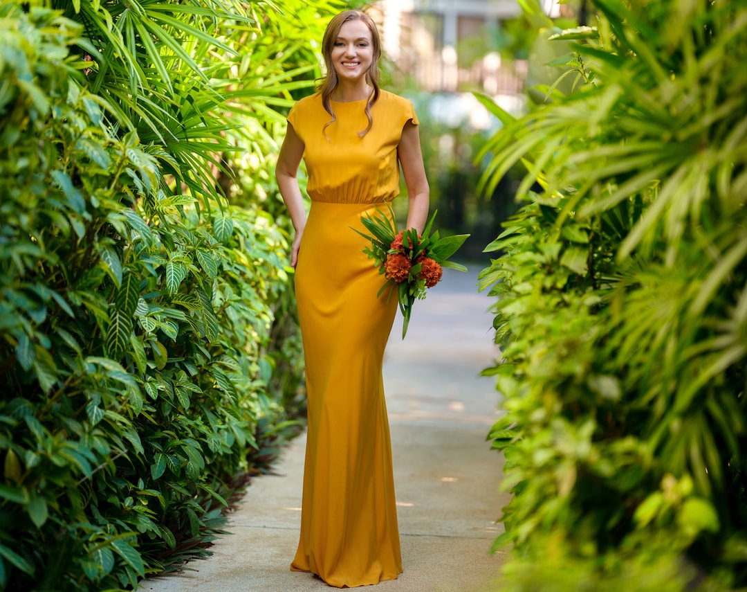 Honey Yellow Long Slip Dress, Bridesmaid Dress, Wedding Guest Dress, Straps  Dress, Bridal Party Attire, Summer Dress, Viscose Dress