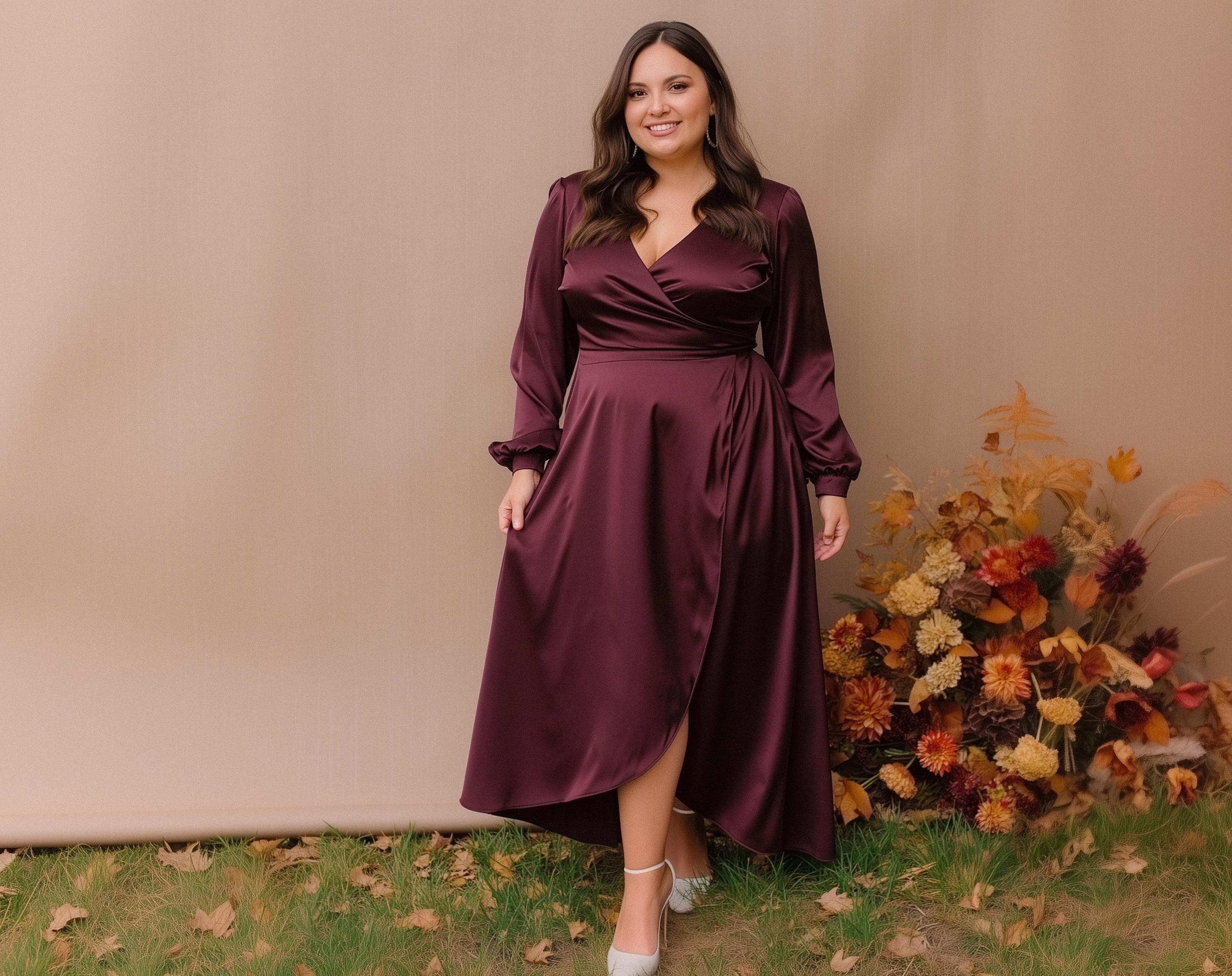 Extra Large Size Gala Plus Size Evening Gowns Dark Burgundy Silk Wrap Dress  With Long Sleeve, Plus Size, Bridesmaids Israel