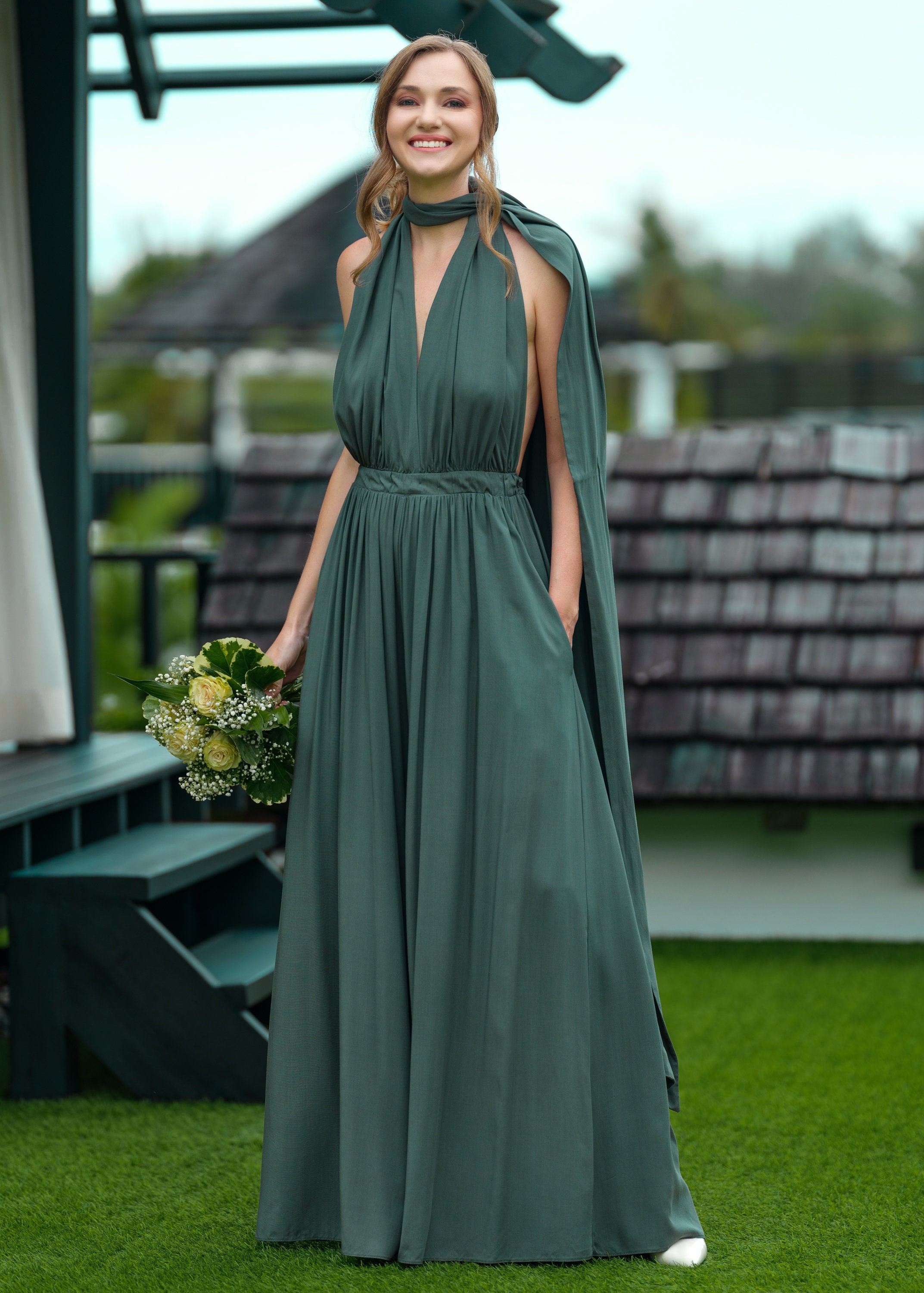 Dark Green Infinity Viscose Jumpsuit, Convertible Bridesmaid Dress, Wedding Guest Outfit, Summer Romper