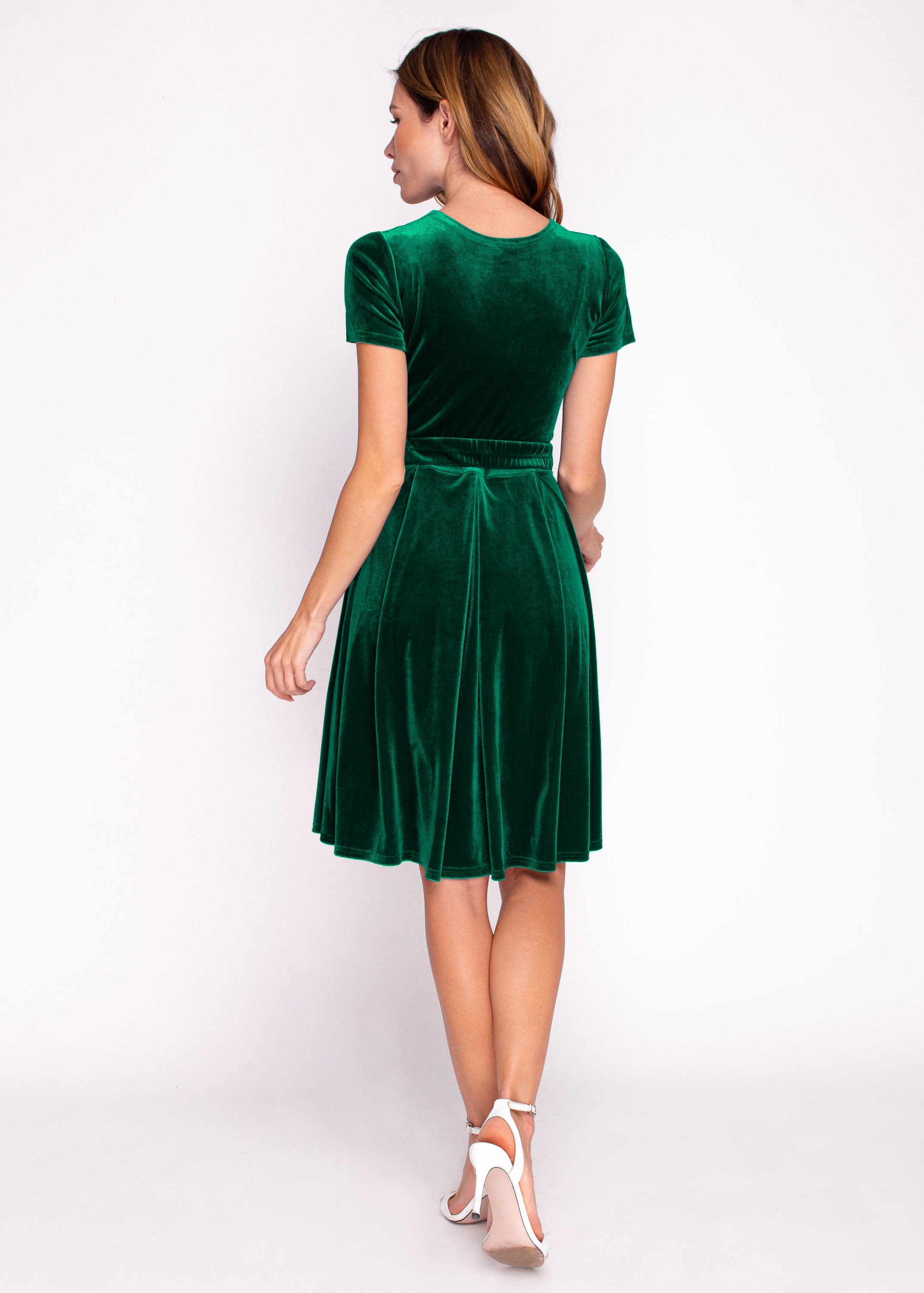 Velvet Short Dress in Emerald Green: with Short sleeves and bow belt, for Holiday Parties, Fall and Winter, Christmas