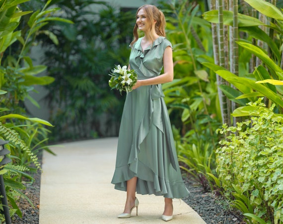 Sage green silk dress, silk dress, wrap dress, bridesmaid dress, wedding guest dress, women dress, maxi dress, evening dress