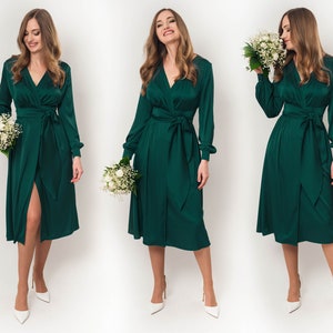 Silk dress in dark green, wrap dress, bridesmaid dress, wedding guest dress, women dress, maxi dress, evening dress, bridesmaid gift