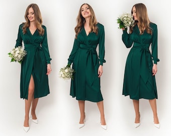 Silk dress in dark green, wrap dress, bridesmaid dress, wedding guest dress, women dress, maxi dress, evening dress, bridesmaid gift