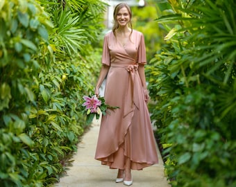 Rose Gold Silk Dress, Silk Dress, Wrap Dress, Bridesmaid Dress, Wedding  Guest Dress, Women Dress, Evening Dress, Long Dress - Etsy
