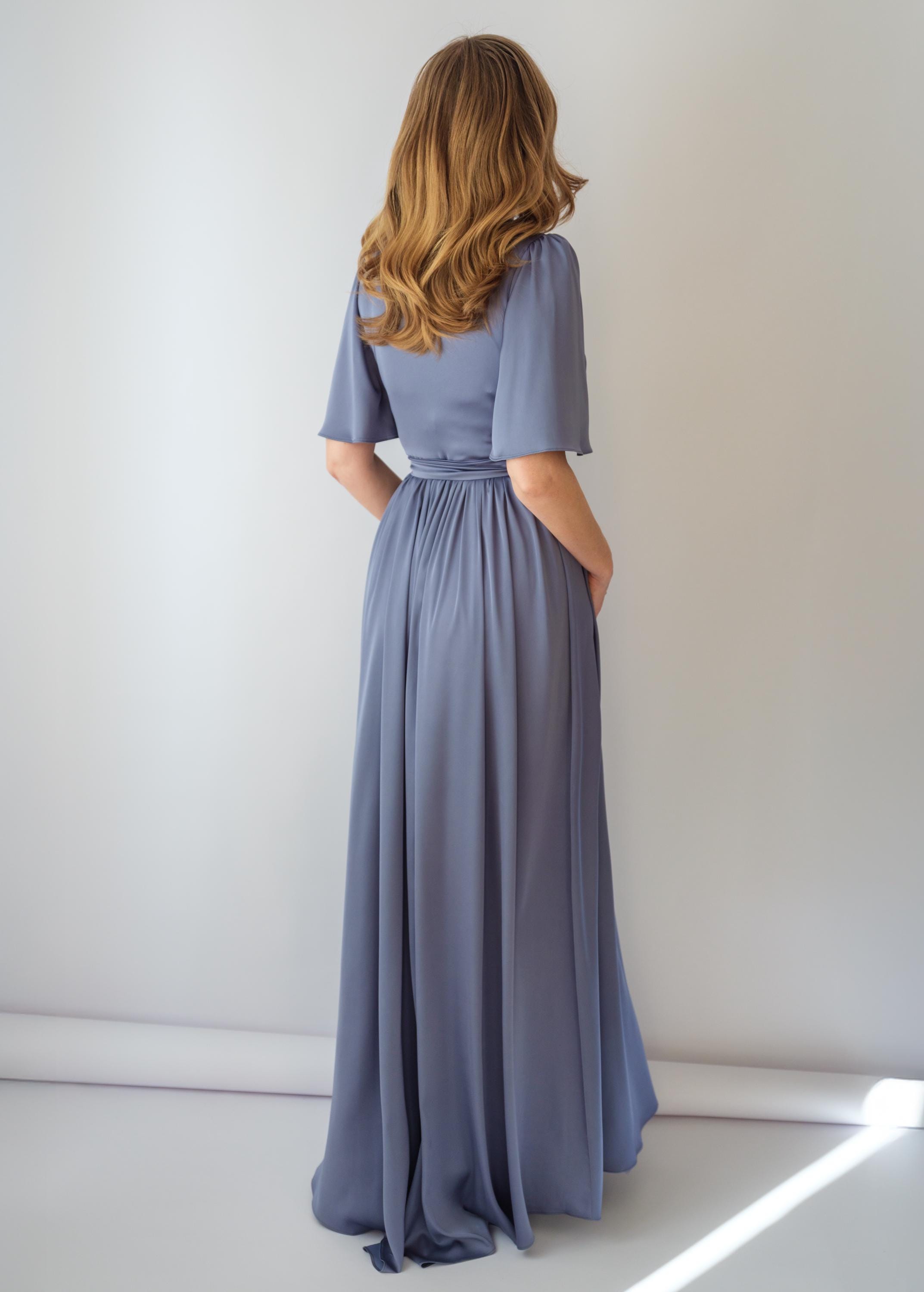 light grey maxi dress with sleeves Silk Wrap Dress: Flutter Sleeve & Pleated Skirt Formal Gown, Wedding Guest, Mother of the Bride or Groom occ:Friendsgiving