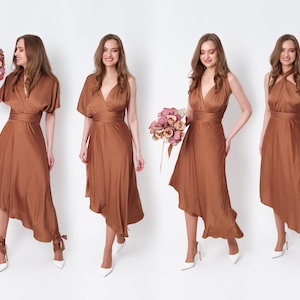 Vestido infinito, vestido de seda color cobre y oro, vestido de dama de honor, vestido de satén de seda, vestido cruzado, vestido convertible, vestido multiposición
