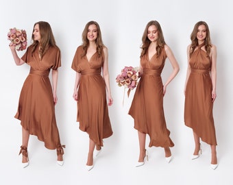 Infinity dress, copper gold silk dress, bridesmaid dress, silk satin dress, multi wrap dress, convertible dress, multiway dress