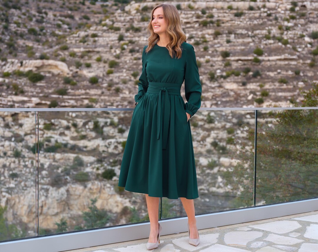 Dark Green Dress | Mid-calf Dress With Belt & Pockets | Wedding Guest Dress  | Elegant Casual Dress | Party Dress - Etsy