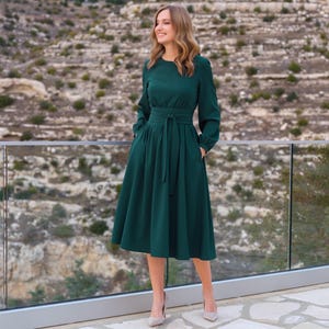 Dark green dress | Mid-calf dress with belt & pockets | Wedding guest dress | Elegant casual dress | Party dress