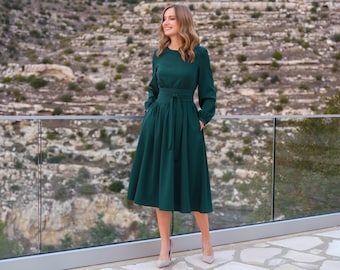 Emerald Green SISLEY Dress/modern Minimalist Dress With Pleated  Sleeves/cocktail Dress/dark Green Women Dress/ Midi Women Dress/formal Dress  - Etsy