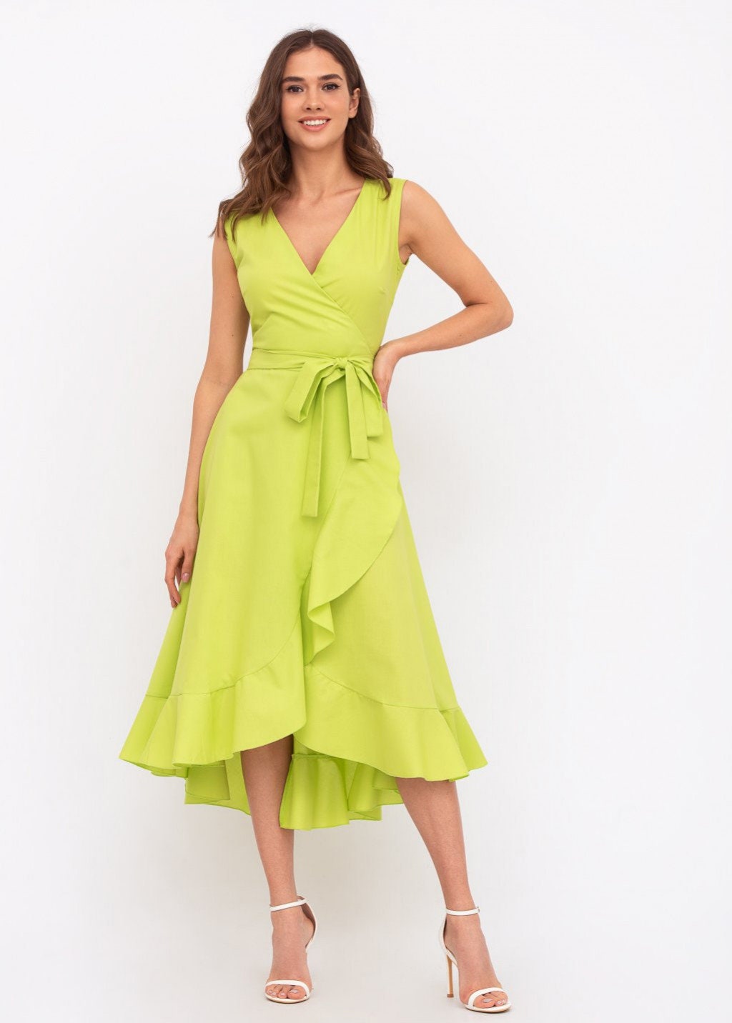 Lime green cotton sleeveless wrap dress, bridesmaid dress, romantic dress, mid-calf dress, summer dress, asymmetrical vacation dress