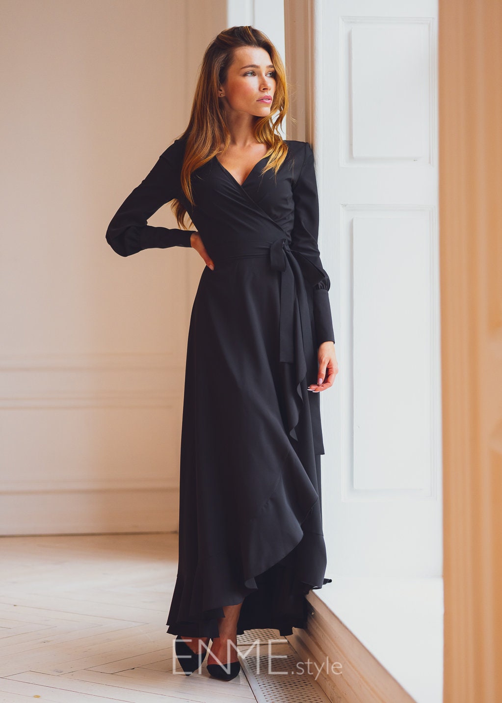 formal black wrap dress Black Velvet Wrap V Neckline Dress Flutter Sleeves