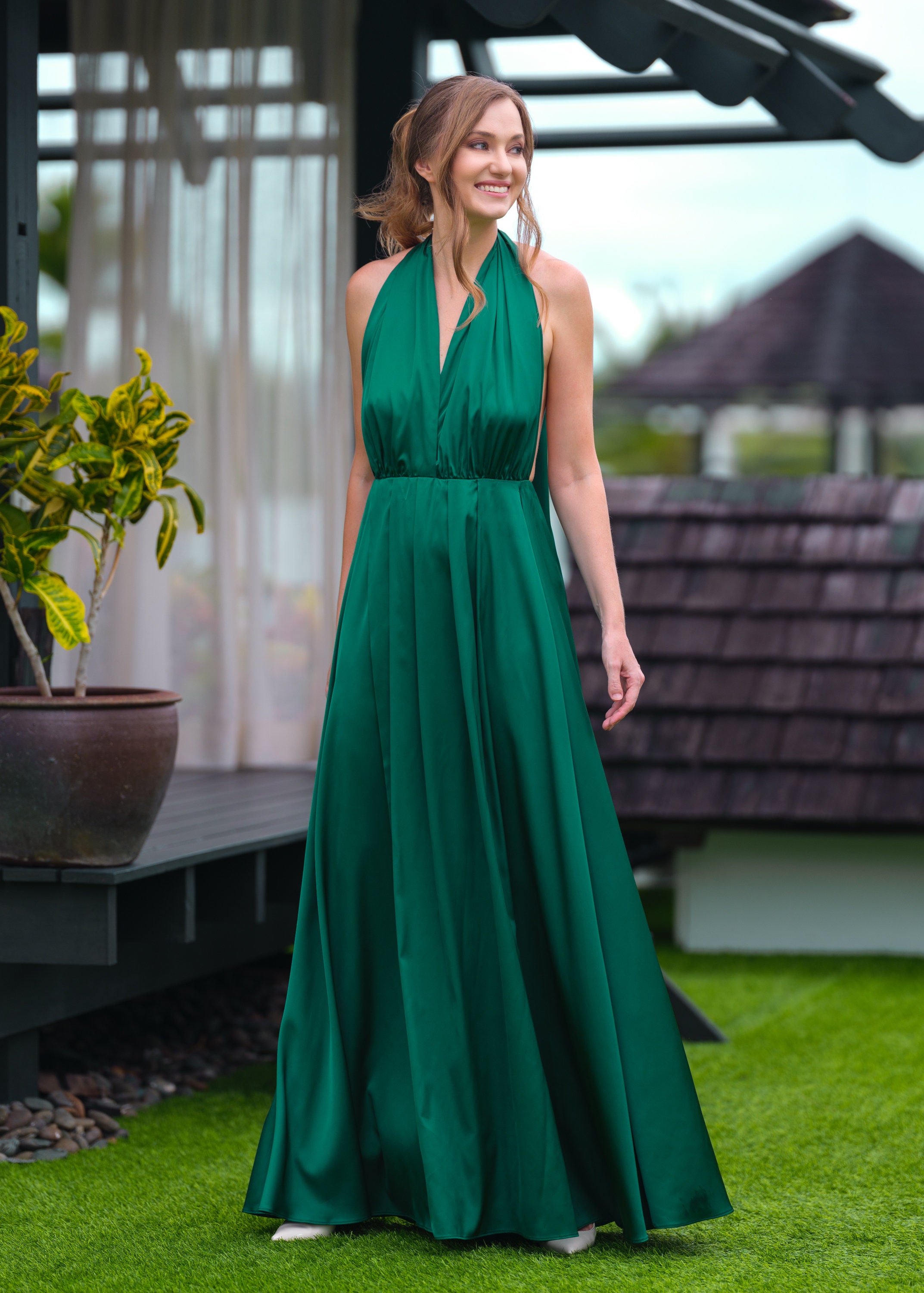 green emerald velvet dress Hunter Green Silk Satin Cowl Neck Bridesmaid Dresses Pic Color / Custom Size main image 0