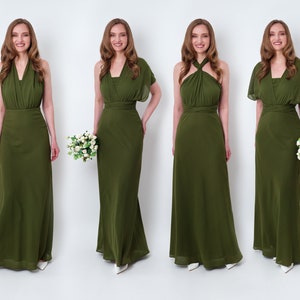 Olive green chiffon infinity bridesmaid dress, wedding guest dress, bridesmaids dress, chiffon long dress, convertible dress, evening dress