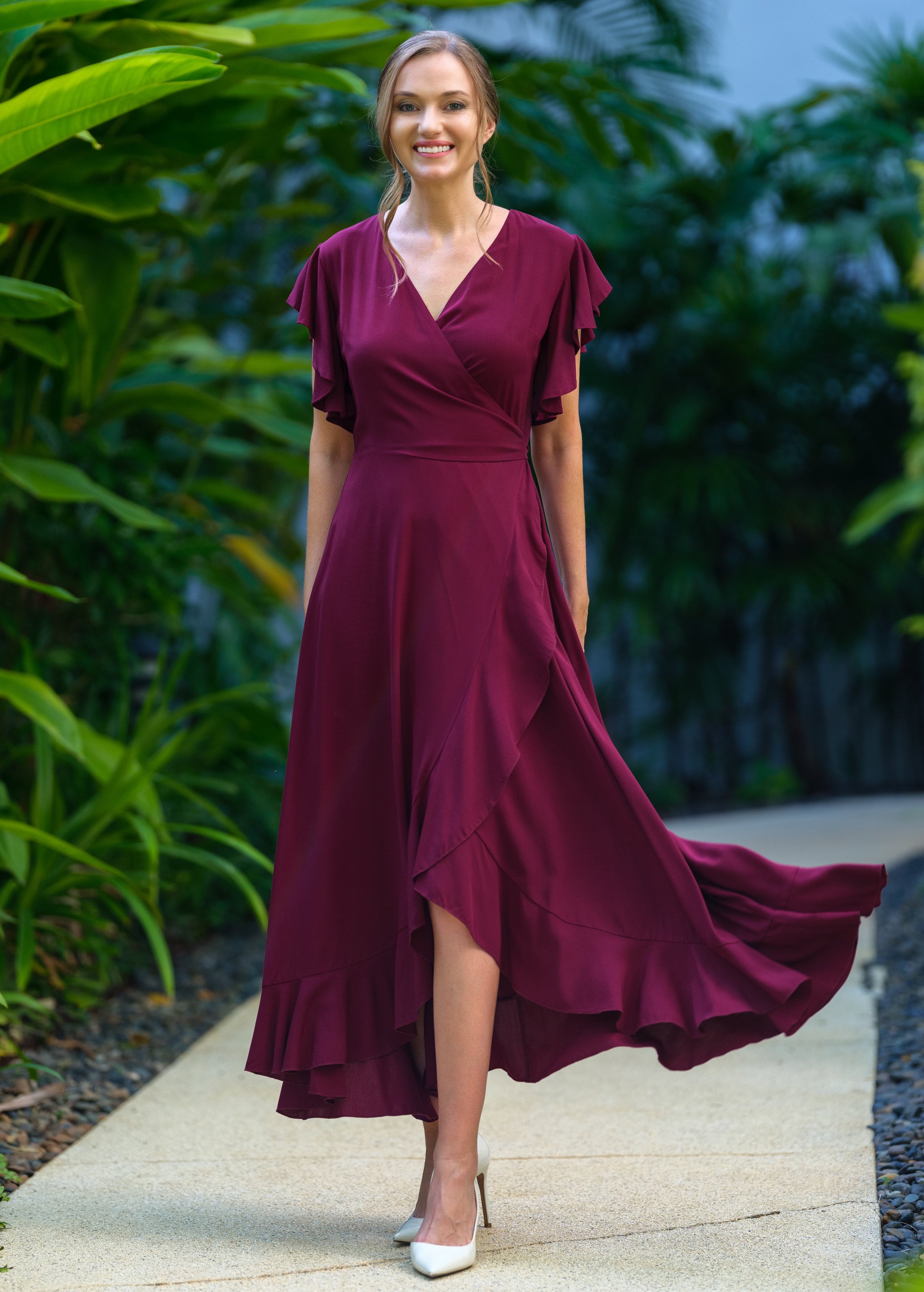Burgundy romantic wrap dress, bridesmaids dress, maxi dress, long dress, wedding guest dress, formal dress, evening summer dress