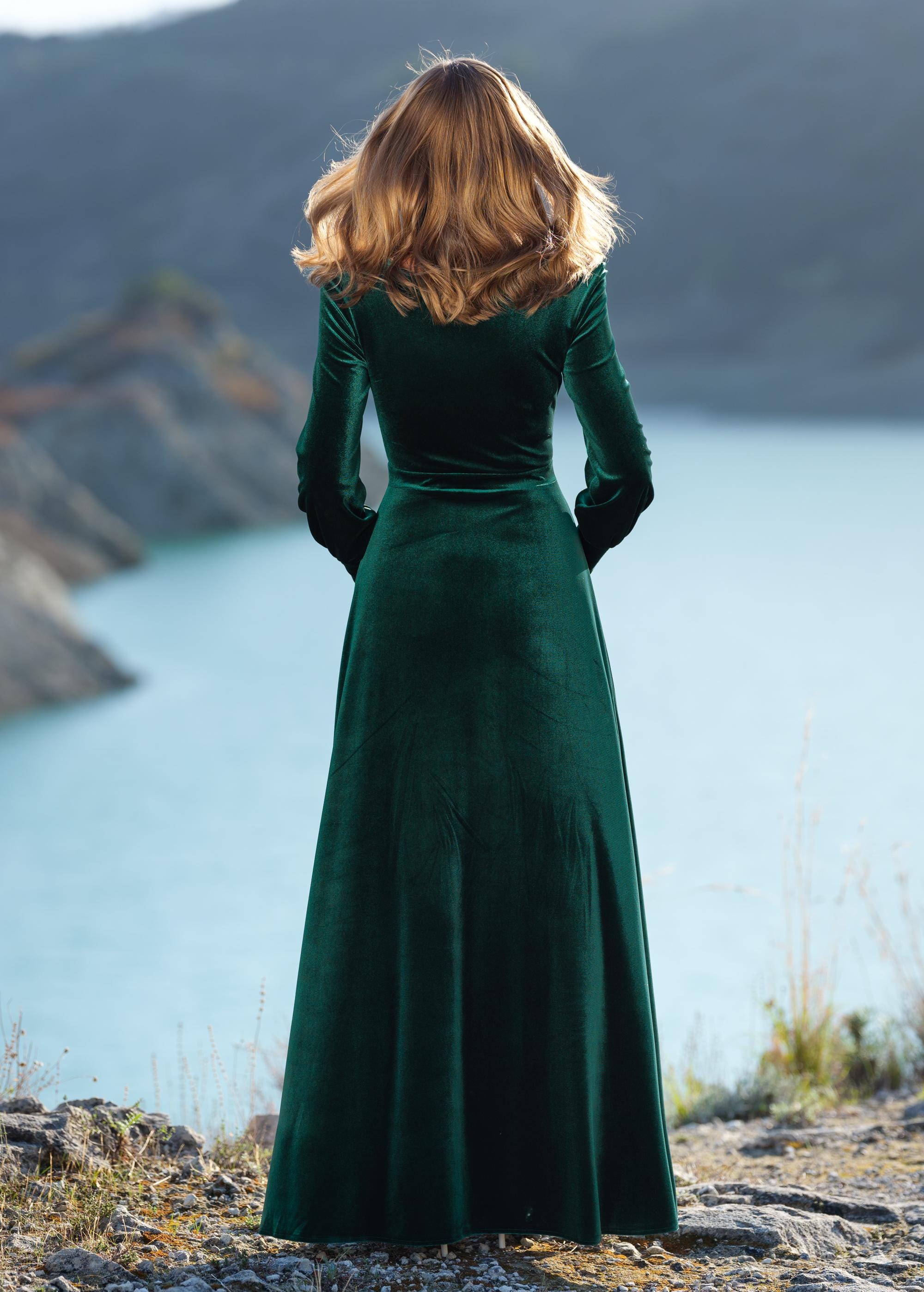 Emerald Green Velvet Maxi Dress: Elegant Long Sleeve Gown, Fall Wedding Guest, Modest Bridesmaid