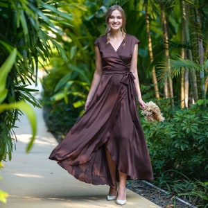 Chocolate brown silk dress, silk dress, wrap dress, bridesmaid dress, wedding guest dress, women dress, evening dress, long dress image 1