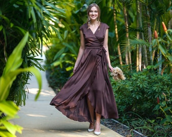 Chocolate brown silk dress, silk dress, wrap dress, bridesmaid dress, wedding guest dress, women dress, evening dress, long dress