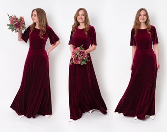 Plum burgundy velvet long dress, bridesmaid velvet dress, wedding guest dress, velvet gown, velvet slit dress, maxi dress, evening dress