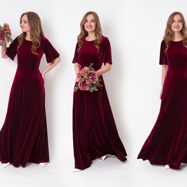 Plum burgundy velvet long dress, bridesmaid velvet dress, wedding guest dress, velvet gown, velvet slit dress, maxi dress, evening dress