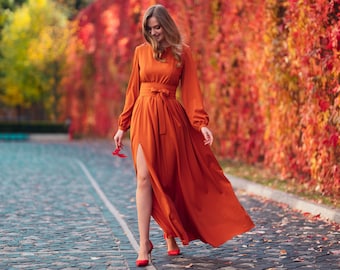 Robe longue fendue orange rouille avec ceinture, robe de demoiselle d'honneur, robe de cocktail, robe d'invité de mariage, robe de soirée longue, robe de soirée, robe de bal