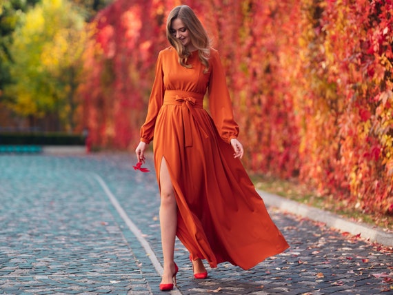 orange wedding guest dress