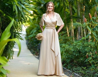 Champagne gold silk wrap dress, bridesmaid dress, wedding guest dress, silk satin dress, maxi dress, evening dress, long dress, formal dress