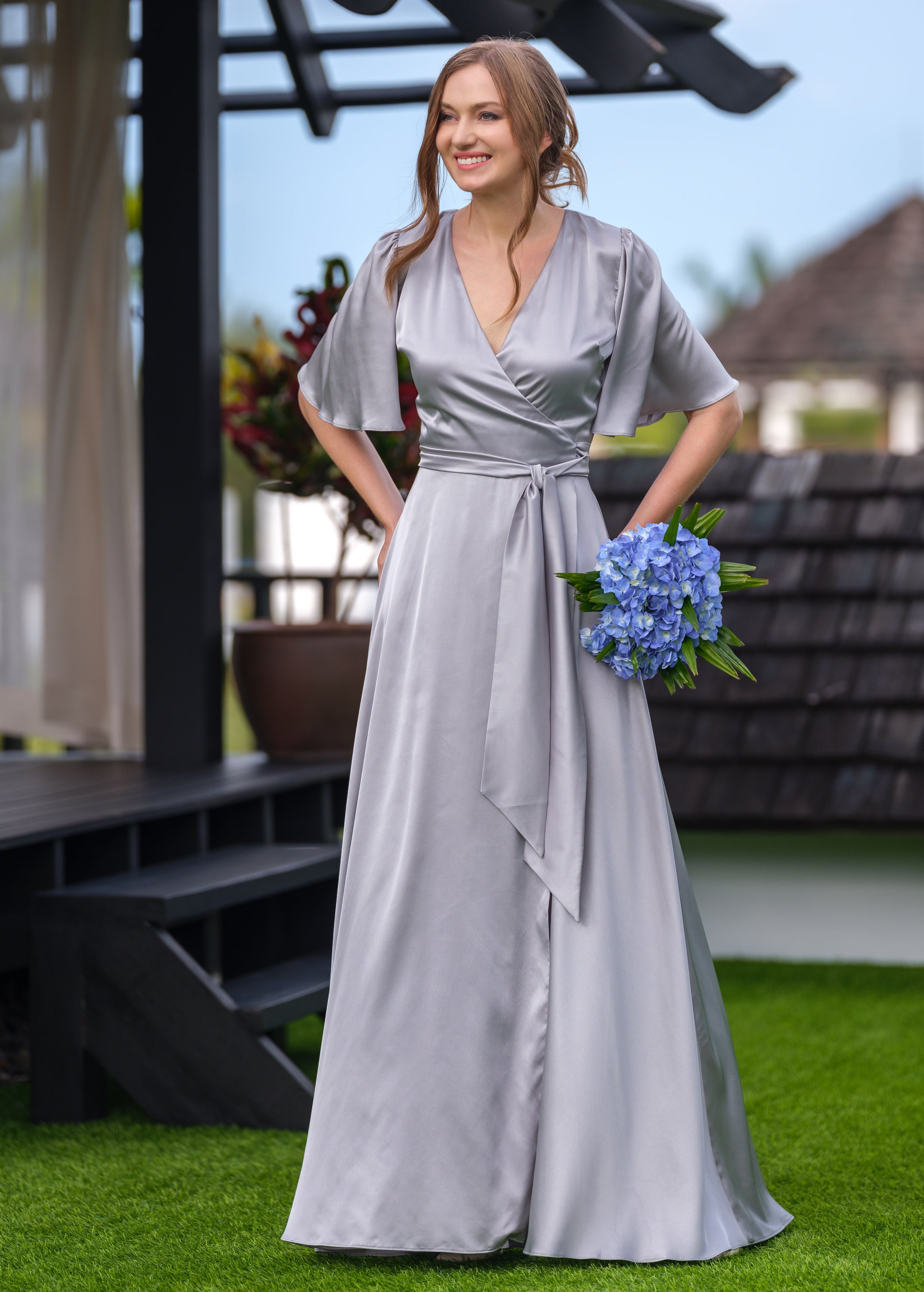 chinese dress ladies RAEY V-Neck Silk-Satin Grey Maxi Dress – House Of Huntington main image 1