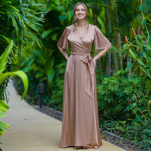 Bridesmaid cappuccino silk wrap dress, wedding guest dress, silk satin dress, maxi dress, evening dress, long dress, formal dress