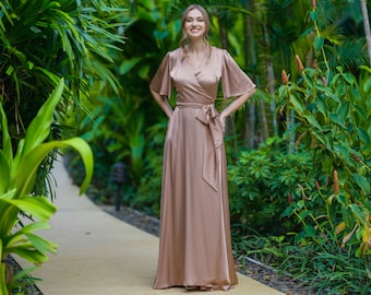 Bridesmaid cappuccino silk wrap dress, wedding guest dress, silk satin dress, maxi dress, evening dress, long dress, formal dress