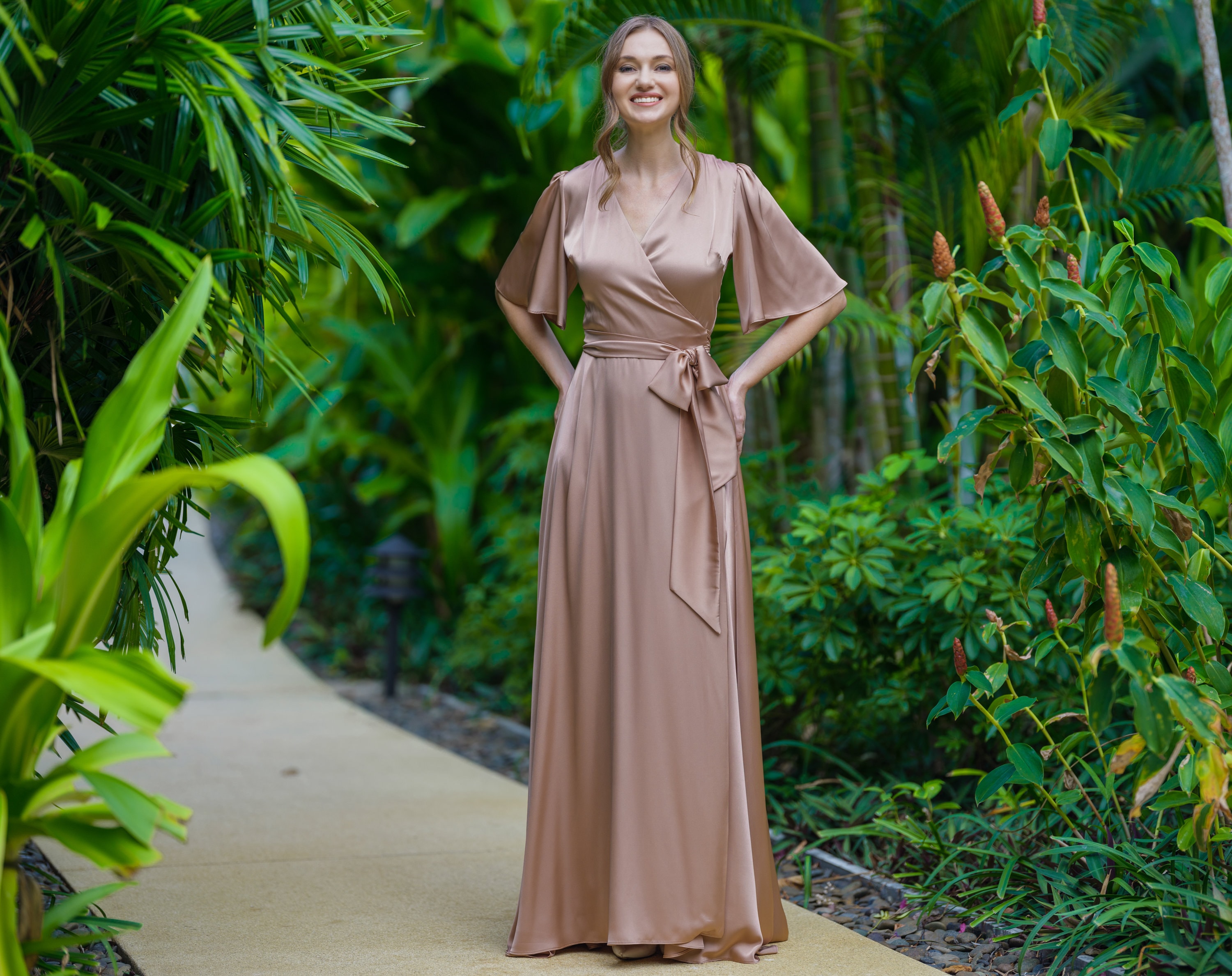 double-strap long georgette bridesmaid wrap dress Chiffon Bridesmaid Dresses for Women A-Line Spaghetti Straps Cold Shoulder Long Formal Wedding Party Evening Gowns with Split Side, As Picture main image 0