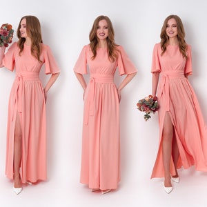 Blush pink long slit dress with belt, bridesmaid dress, cocktail dress, wedding guest dress, maxi party dress, formal dress, prom dress
