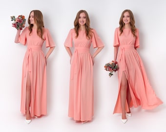 Blush pink long slit dress with belt, bridesmaid dress, cocktail dress, wedding guest dress, maxi party dress, formal dress, prom dress