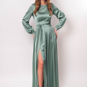 Sage Green Silk Dress With Belt Long Slit Dress Bridesmaid - Etsy