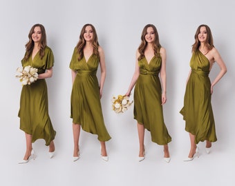 Infinity dress, olive silk dress, bridesmaid dress, silk satin dress, multi wrap dress, convertible dress, multiway dress