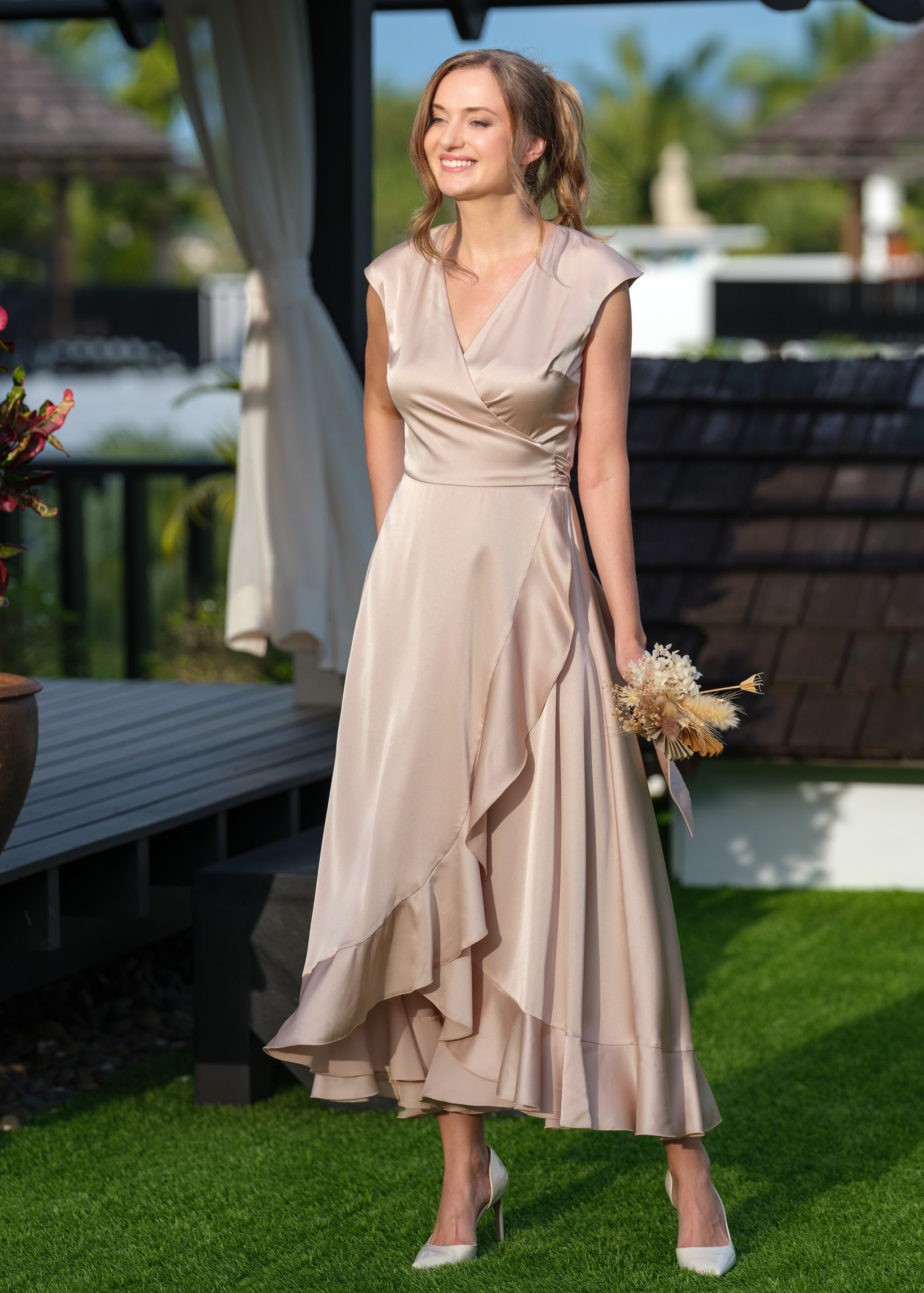Satin Beige Semi Formal Dresses Champagne Gold Silk Wrap Dress, Bridesmaid  Dress, Wedding Guest