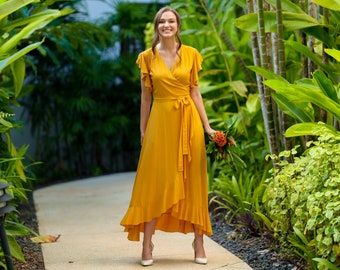 Honey yellow romantic wrap dress, bridesmaids dress, maxi dress, long dress, wedding guest dress, formal dress, evening summer dress