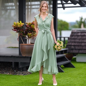 Vestido de dama de honor de gasa verde salvia, vestido de invitada de boda, vestido de dama de honor, vestido largo cruzado de gasa, vestido de noche, vestido formal de gasa