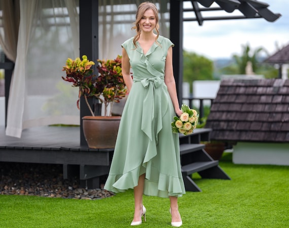 light green chiffon bridesmaid dresses Wedtrend Women Light Green Bridesmaid Dress with Detachable Sleeves Fitted  Cold Shoulder Chiffon Wedding Guest Dress – WEDTREND