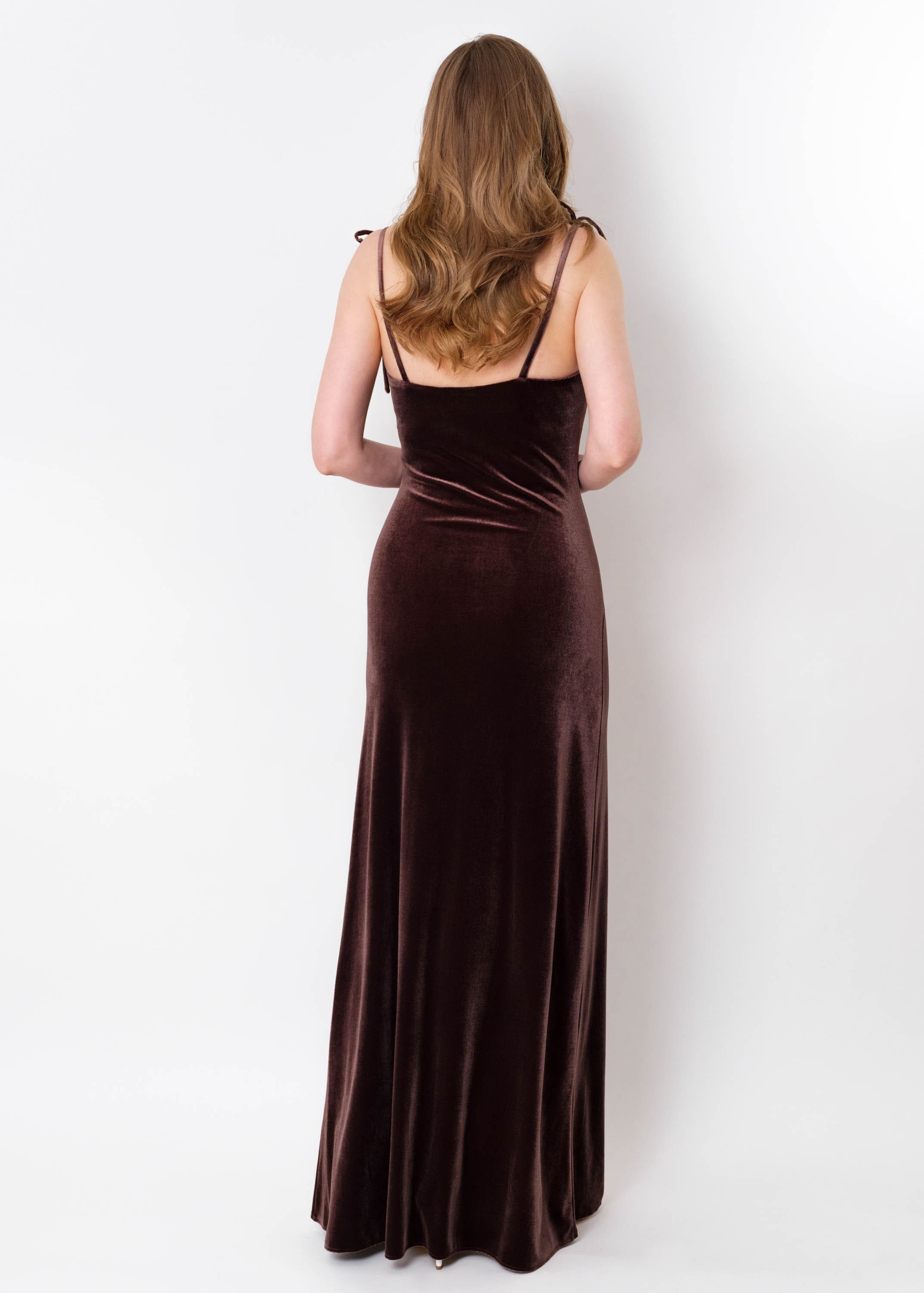 Chocolate Brown Velvet Bridesmaid Slit Dress: Formal, Evening, Wedding Guest Gown Chocolate Brown Velvet Bridesmaid Slit Dress: Formal, Evening, Wedding Guest Gown