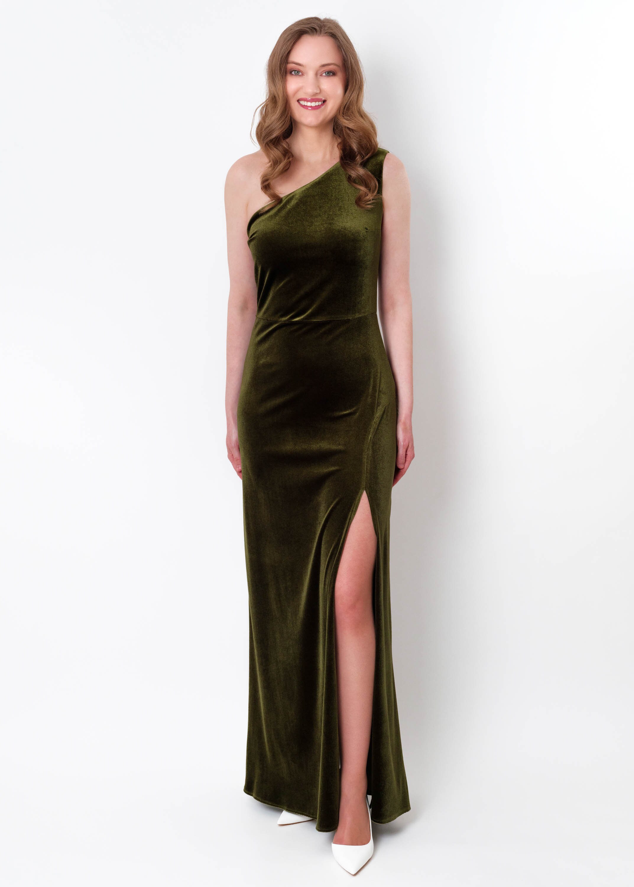 Velvet Dress in Olive Green: One-shoulder With Optional Slit