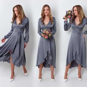 Grey silk dress, silk dress, wrap dress, bridesmaid dress, wedding guest dress, women dress, maxi dress, evening dress, long dress