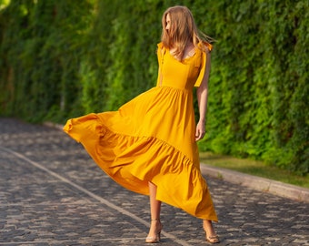 Honey yellow boho long summer dress, maxi handmade dress, vintage dress fabric, summer wedding guest dress, bridesmaid dress, cocktail dress