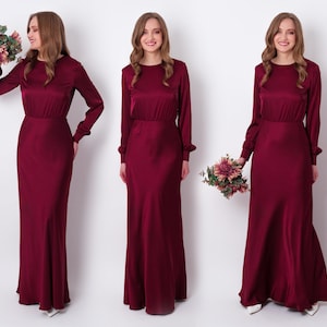 Burgundy silk long dress, bridesmaid dress, wedding guest dress, evening dress, long sleeves dress, bridal party attire, long dress