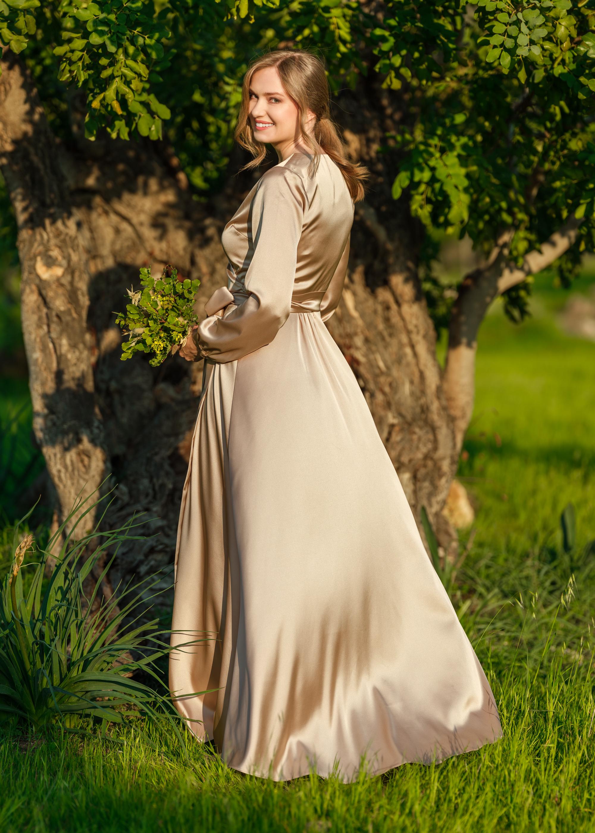 long sleeve taupe bridesmaid dresses Taupe Satin Wrap Maxi Bridesmaid Dress | Elegant Bridal Party Dress