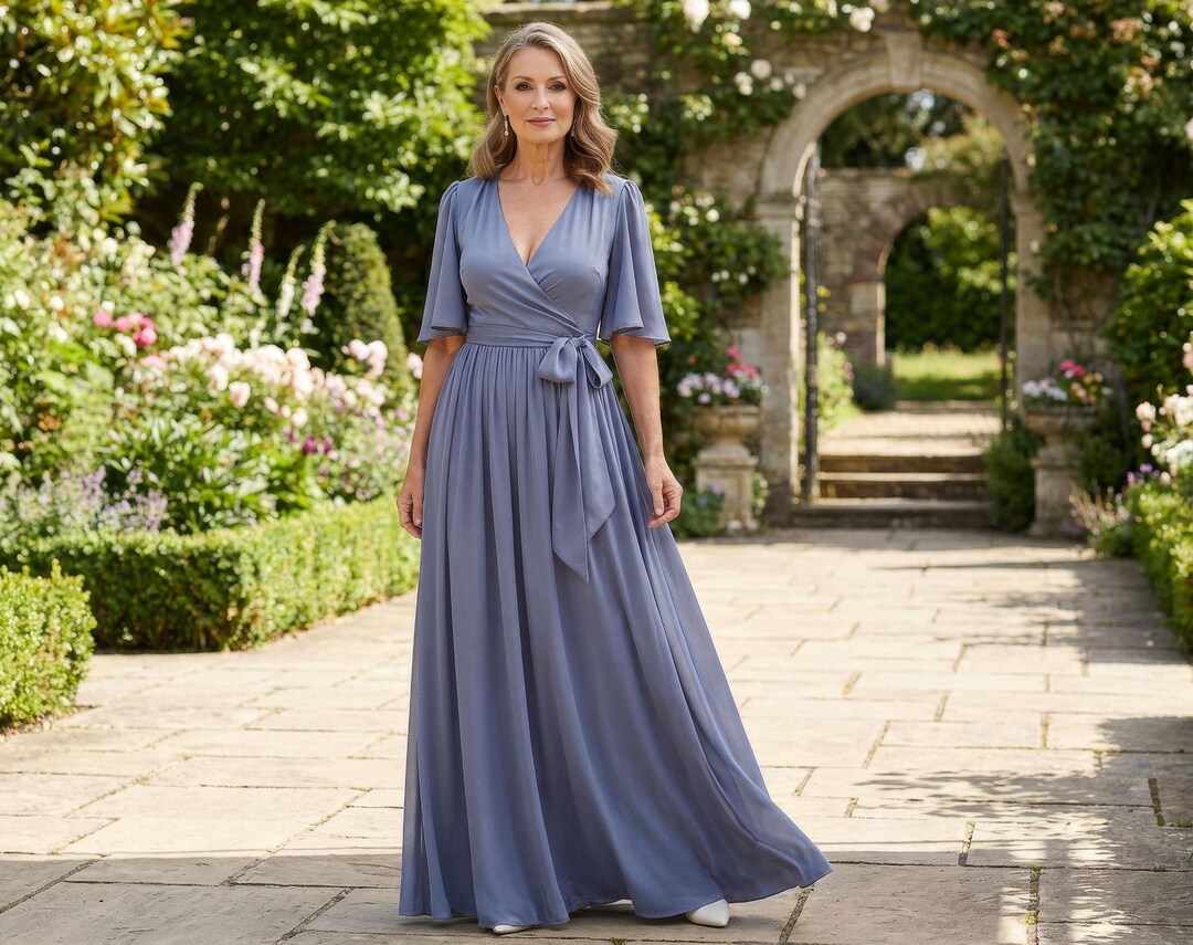 grey bridesmaid dresses with sleeves Silk Wrap Dress: Flutter Sleeve & Pleated Skirt Maxi Formal Gown, Wedding Guest, Mother of the Bride or Groom color-custom-colorplease-note