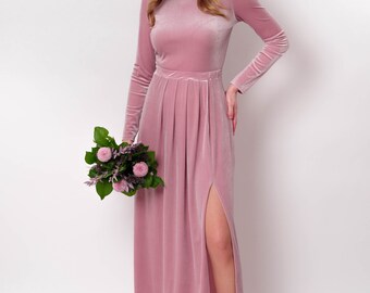 Mauve Velvet Maxi Dress - Holiday Gown with Long Sleeves and Slit, Christmas Party, Fall or Winter Wedding, Bridesmaid