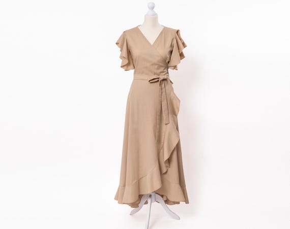 Linen long beige sleeveless wrap dress,bridesmaid dress,romantic dress,mid-calf dress,summer dress,asymmetrical vacation dress,holiday dress