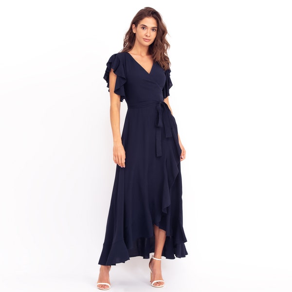 Navy blue wrap around dress, maxi dress, long dress, wedding guest dress, formal short sleeves dress, evening dress, blue elegant dress