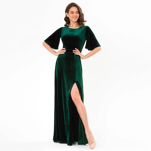 Emerald green velvet long slit dress, bridesmaid velvet dress, wedding guest dress, velvet slit wrap dress, maxi dress, evening dress,